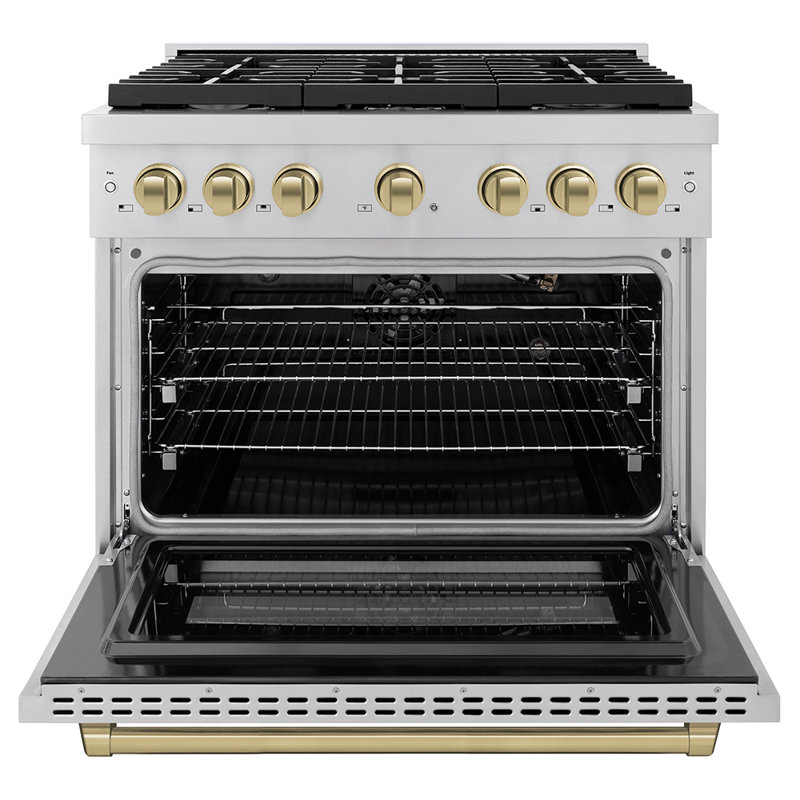 ZLINE Autograph Edition 36 po. 5,2 pieds cubes Cuisinière au gaz Paramount avec plaque de cuisson à 6 brûleurs et four à gaz à convection en acier inoxydable et accents bronze champagne (SGRZ-36-CB)