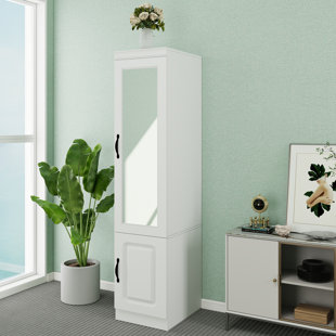 Armoire-penderie Armoire avec porte simple, placard-penderie avec miroir et rail de suspension, garde-robe de rangement en bois pour grand rangement, armoires et garde-robes blanc