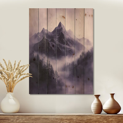 Misty Peaks In The Twilight IV - Landscape Mountains Wood Wall Art - On Natural Pine Wood