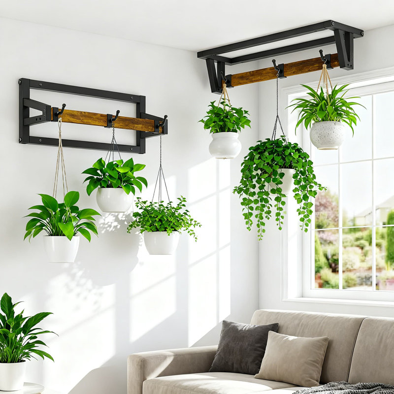 Support à plantes mural robuste avec 6 crochets, barre de support pour tablettes en métal et en bois pour plafond de fenêtre de cuisine d'intérieur