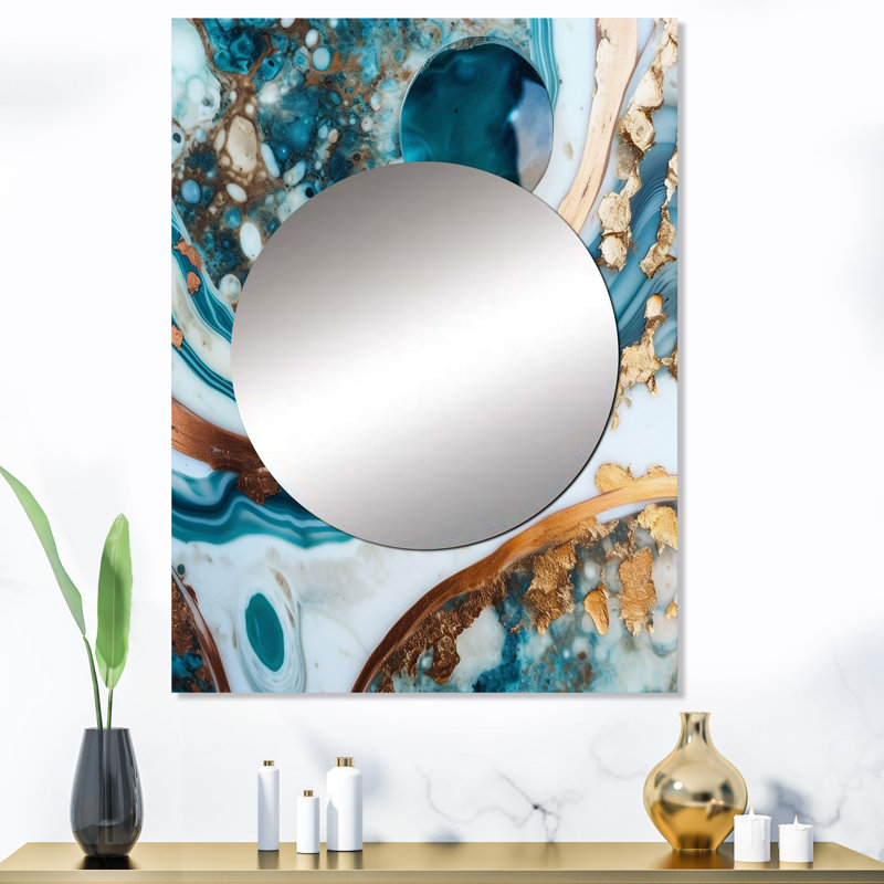 Kinly Ocean Marble Hald Circle Abstract I - Marble Mirror, Modern Unique Wall Mirror, Printed Metal Art, 40" x 30"
