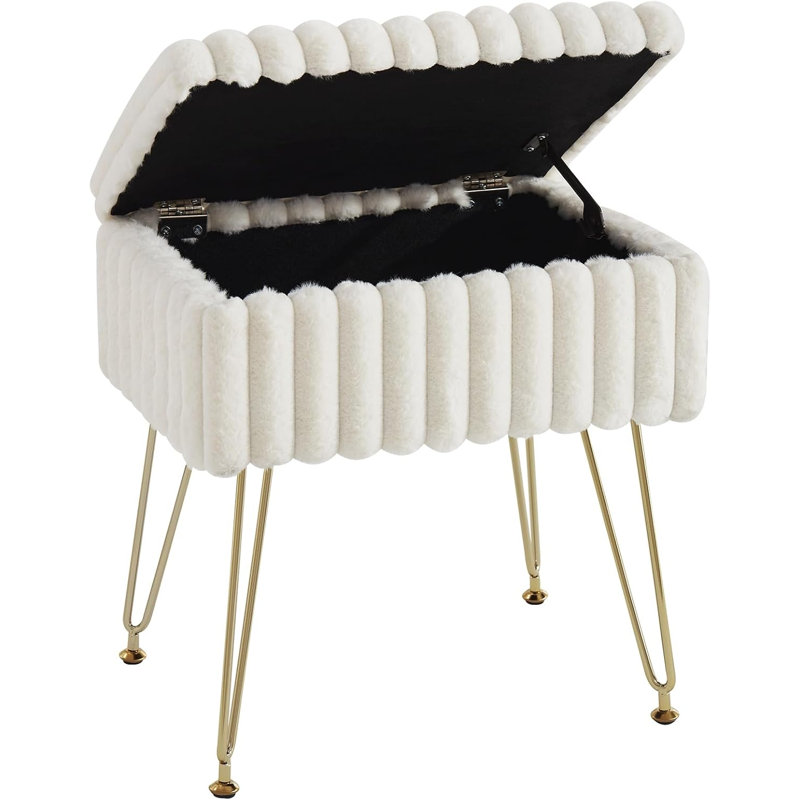 Tabouret de coiffeuse avec rangement, chaise de maquillage rembourrée en fausse fourrure avec pieds électroplaqués, Blanc
