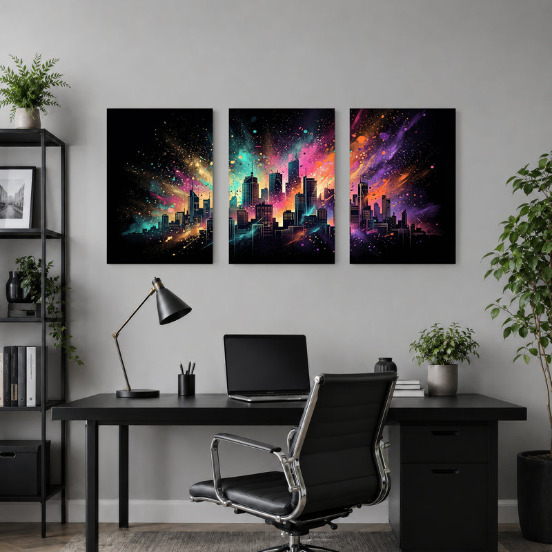 «Neon Splatter City Skyline at Night», ensemble de 3 toiles murales, H 36 po x l 24 po x 3 pièces