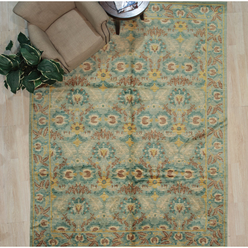 Tapis floral en laine noué à la main vert Mccoma, Rectangle 9 pi x 12 pi