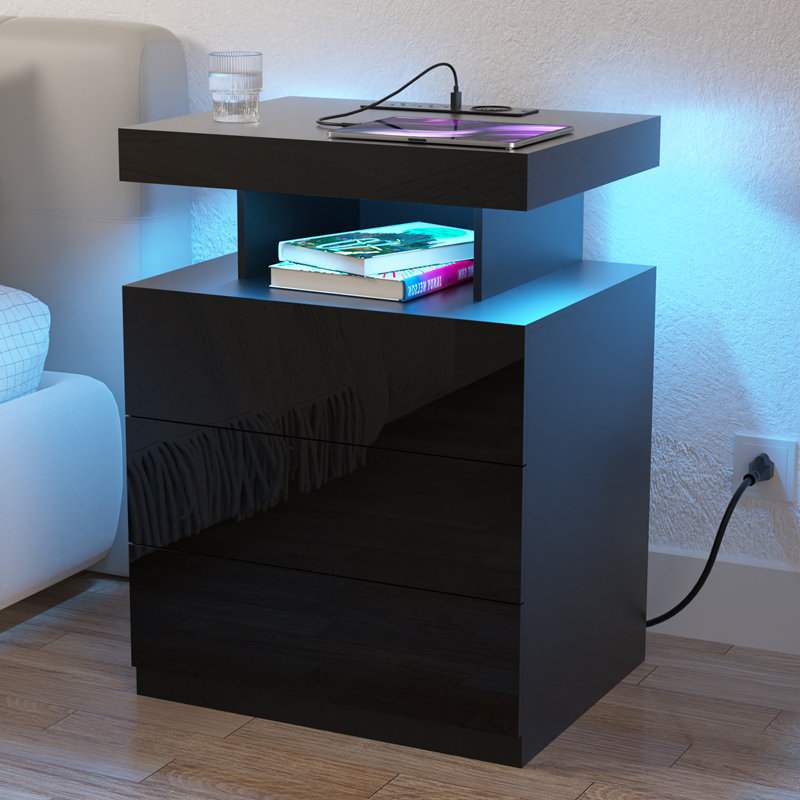 Britini Manufactured Wood Nightstand with Wireless Charging Station, LED Lights and 3 Drawers, Black