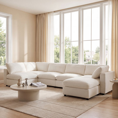 129" 6 Seat Chenille Sectional Couch Set With Ottoman