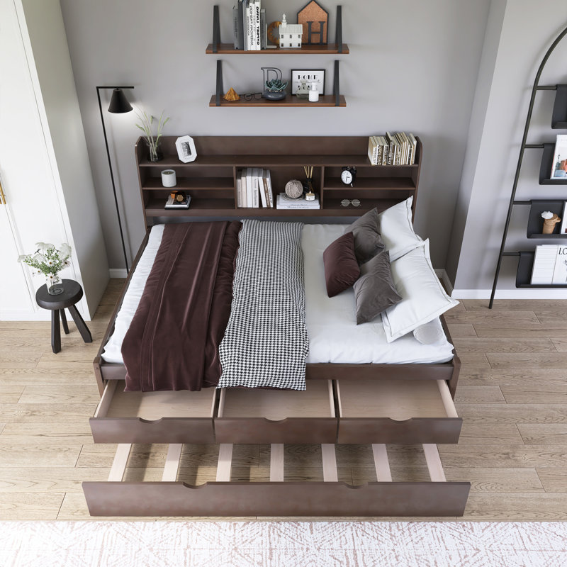 Wood Captain Bed With Trundle,Drawers, Full, Antique Brown