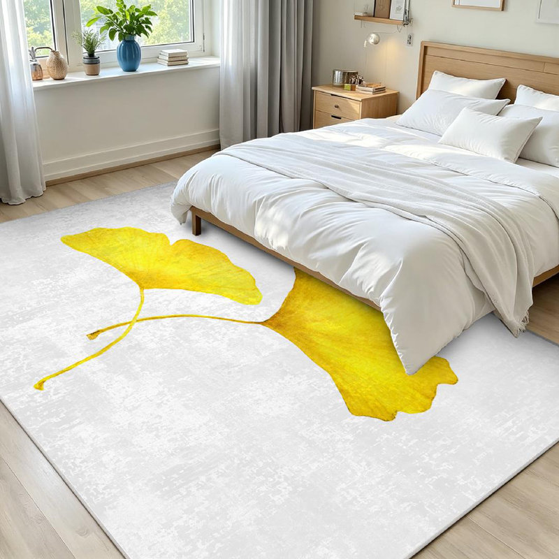 Yellow Leaves Autumn Botanical Watercolor Fall Art Artwork Machine Washable Indoor Area Rug, Rectangle 71" x 98"