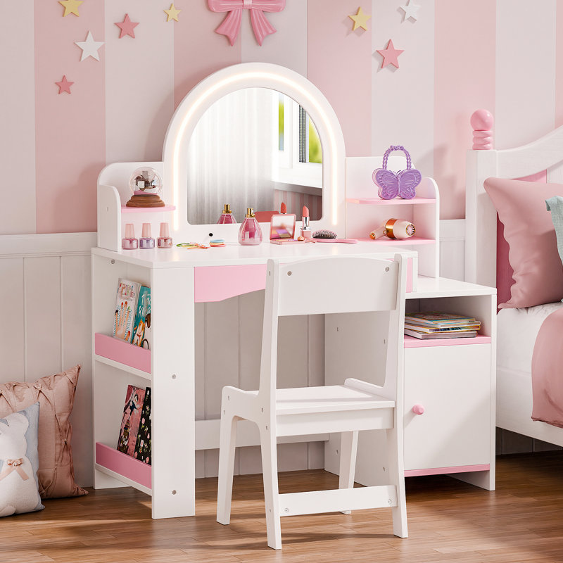 2 in 1 Kids Vanity Set With Mirror And Led Lights, White