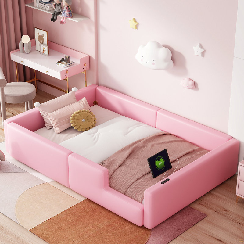 Lit plateforme tapissier simple avec garde-corps et station de charge