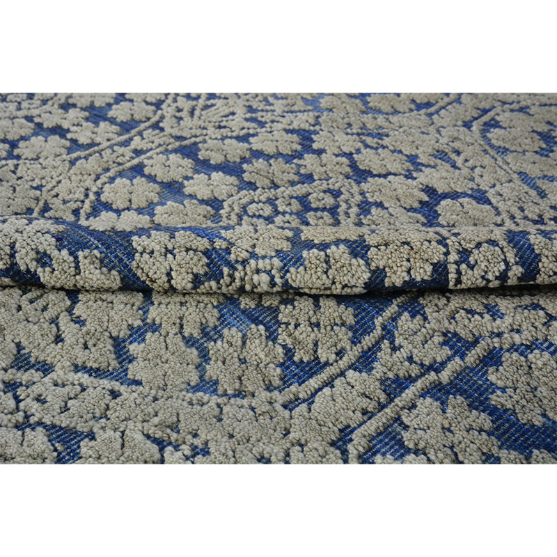 Wool Damask Area Rug in Blue, Rectangle 8' x 10'