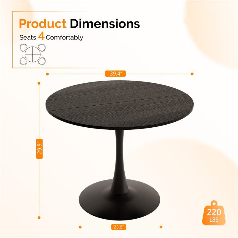 Table de salle à manger de 100 cm (39,4 pouces), alliant style Mid-Century, conception résistante à l'eau et structure en métal