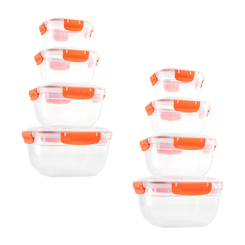  Contenants de rangement en plastique hermétiques en plastique, ensemble de 4 bols transparents scellés avec couvercles, sans BPA, rectangulaire, orange, paquet de 2