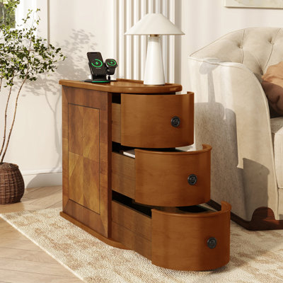 Table d'appoint avec 2 prises de courant, ports et 3 tiroirs de rangement, table de bout mince, Mid-Century américain moderne, tiroir de station de charge sans assemblage, tracas d'installation moderne, couleur principale naturelle