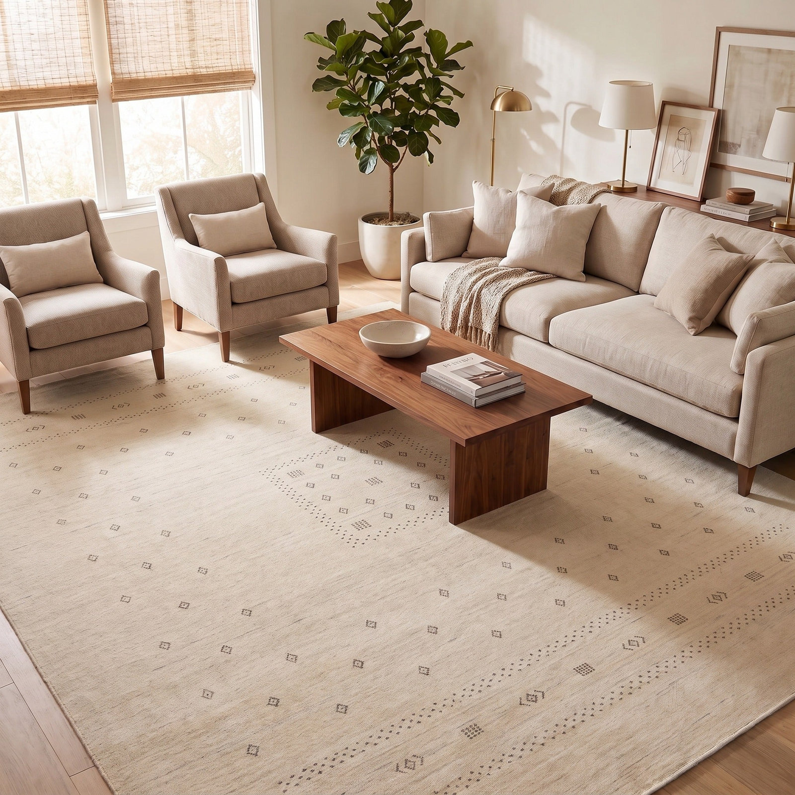 Simi Hand-Woven Geometric Cotton Wool Rug, Snow, Rectangle 3' x 5'