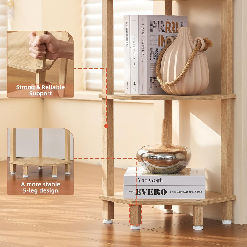 Étagère d'angle à 5 niveaux, naturel | Bibliothèque d'angle en bois pour petits espaces, tablette d'angle avec base robuste à 5 pieds pour la salle de bain