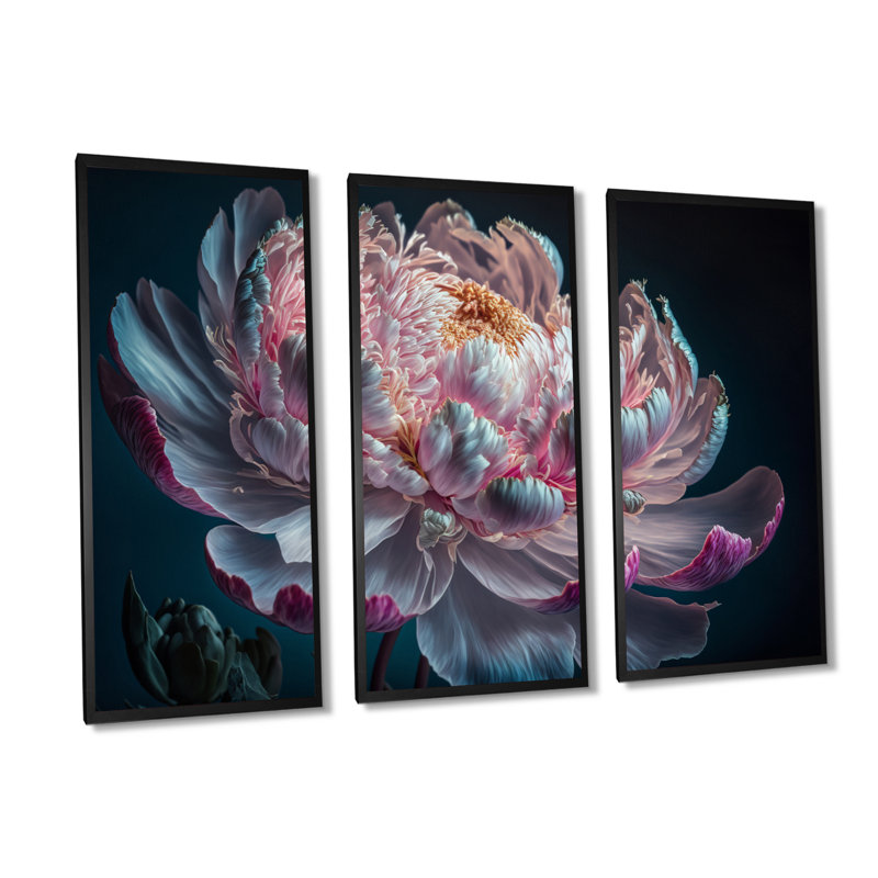 «Blossoming Pink and White Peony IV», reproduction de cadre flottant sur toile 3 pièces, H 32 po x l 48 po x P 1 po