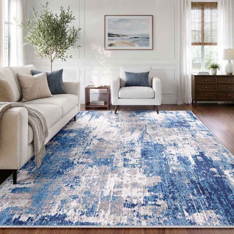 Modern Abstract Printed Area Rug Non-Slip Machine Washable Low Pile for Living Room Bedroom, Gray/Blue, Rectangle 6' x 9'