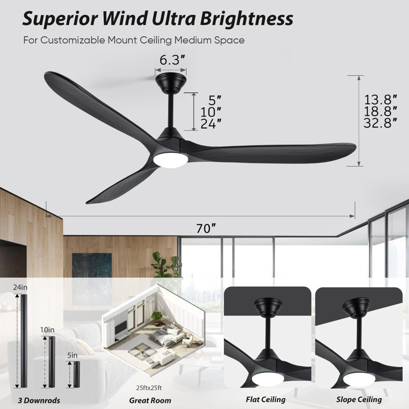 Ventilateur de plafond en bois massif à 3 pales avec lumière, ventilateur de ferme moderne, application intelligente et télécommande, moteur CC réversible silencieux, 6 vitesses, lumière DEL à intensité variable