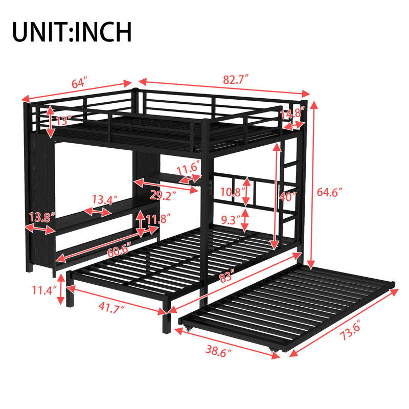 Grand lit superposé simple avec garde-robe intégré, lit superposé en métal avec lit gigogne, bureau pliable, échelles, conception à réduction de bruit, noir