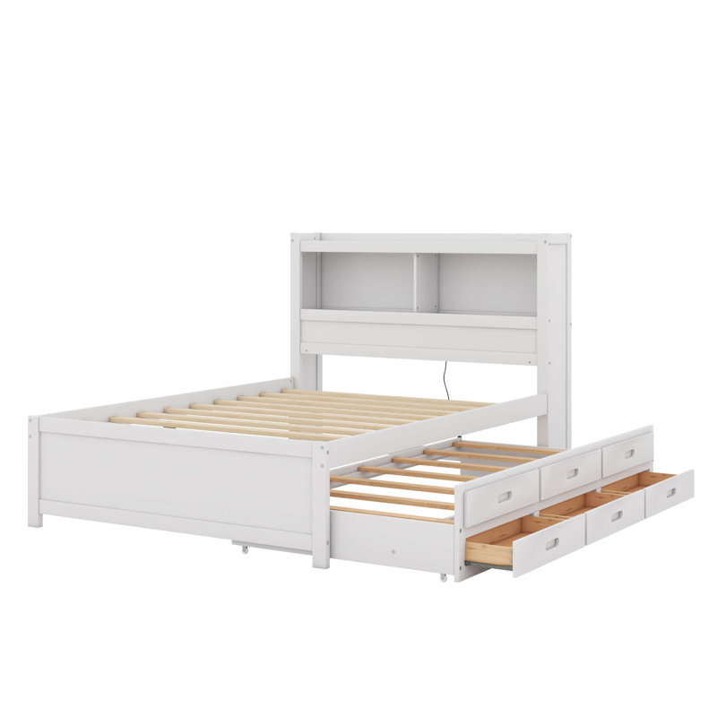 Lit plateforme double avec lit gigogne, tiroirs et port USB, White