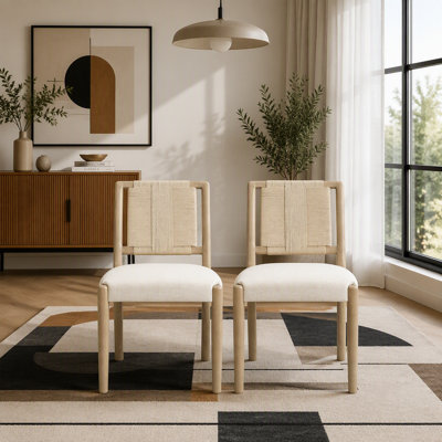 Upholstered Dining Chairs With Woven Rope Backrest, Set Of 2, Rubberwood Frame Side Chairs