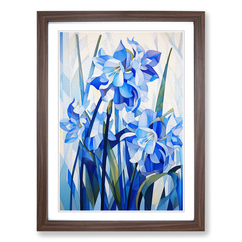 Bluebell Flower Cubism - Single Picture Frame Print on Wood, Walnut Framed, 34cm H x 25cm W x 2cm D