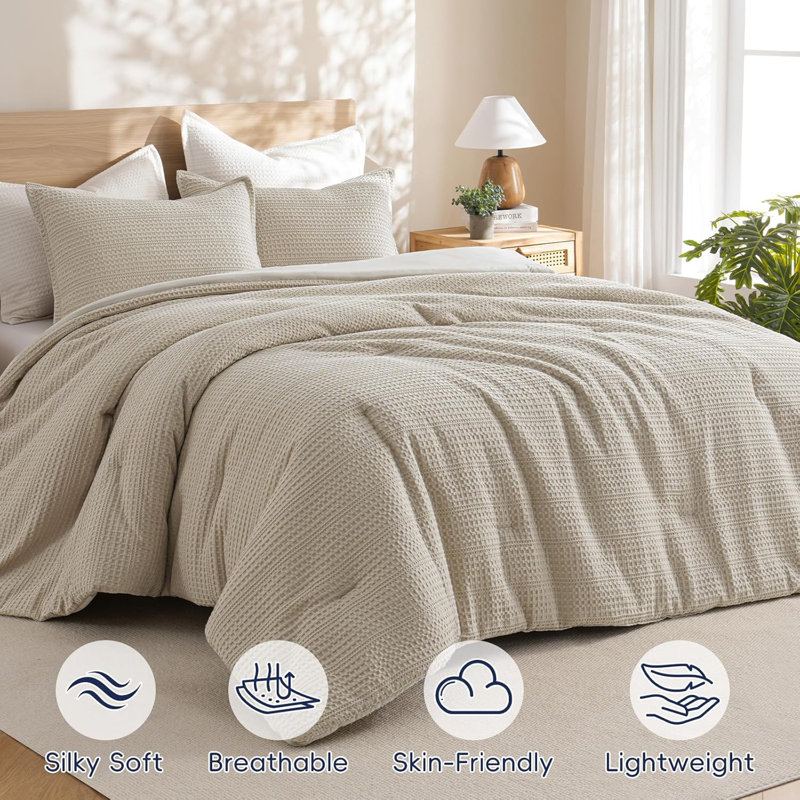PHF Soft Waffle Comforter Set, Comfy Breathable Lightweight Textured Waffle Weave Comforter Bedding Set, Natural