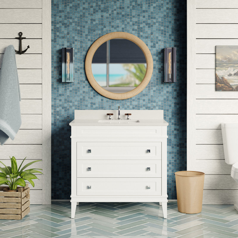 Meuble-lavabo simple 36 po avec armoire blanche et comptoir en quartz Whitman, Blanc, Quartz