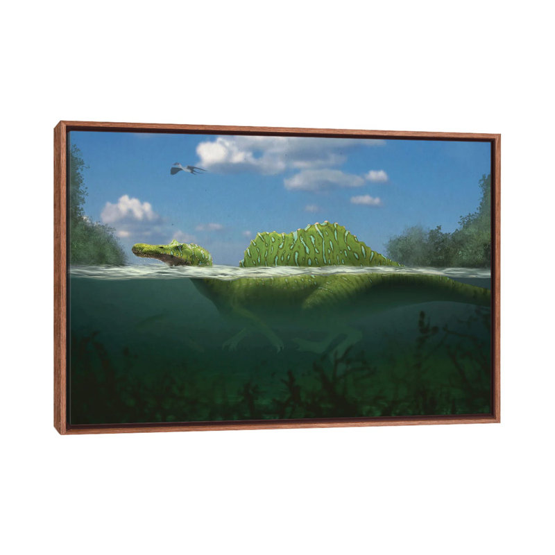 Spinosaurus Swimming In A River. by Paulo Leite Da Silva - Print on Canvas, Brown Framed, 101.6 cm H x 66.04 cm W