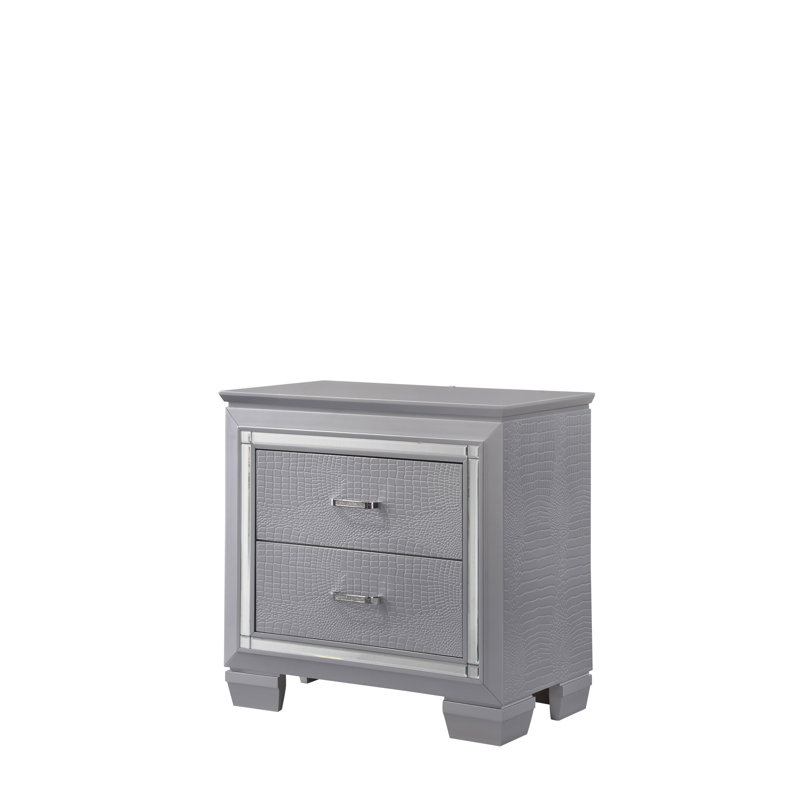 Modern LED Nightstand with Dual Drawers, Beveled Mirror Accents, and Chrome Hardware