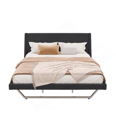 Queen Size Upholstered Bed Frame, Pu Leather Platform Bed With Wave-Like Curve Design And Trapezoidal-Shaped Leg, No Box Spring Needed, White
