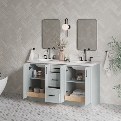 Meuble-lavabo ovale double 61 po avec comptoir en quartz pur Ariel Kellie