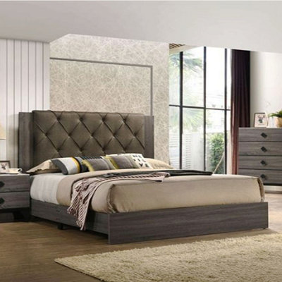 Lit, tissu Avantika et finition chêne gris rustique