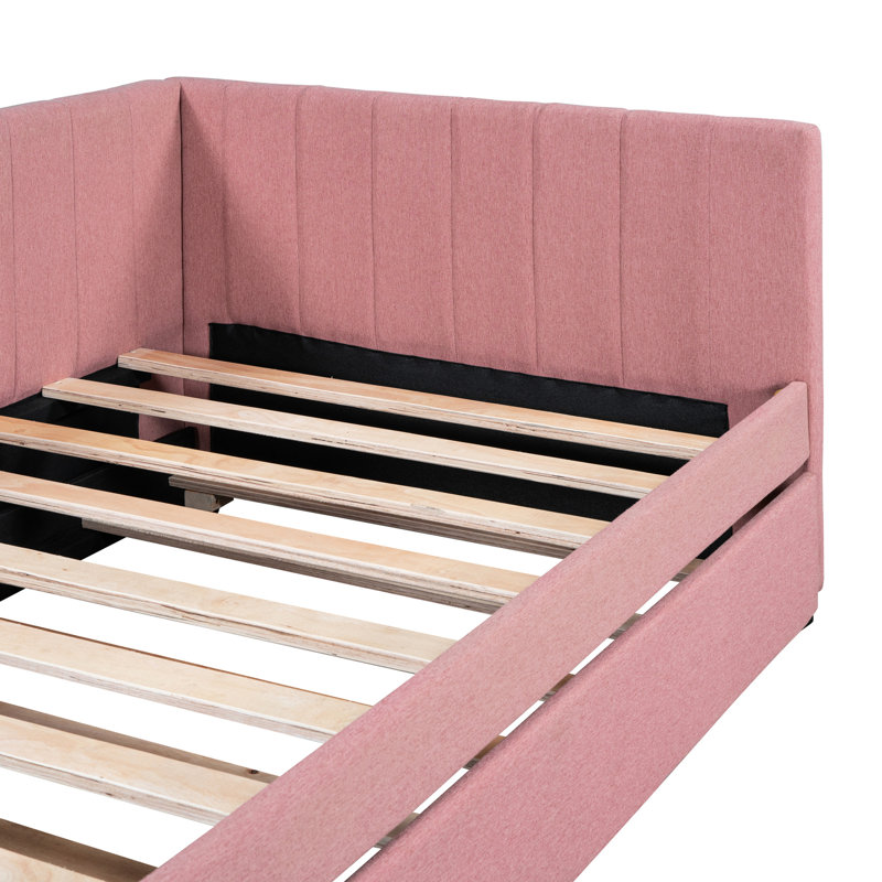 Lit de jour simple rembourré avec lit gigogne en lin rose, sans sommier nécessaire, rose, requis, Rose