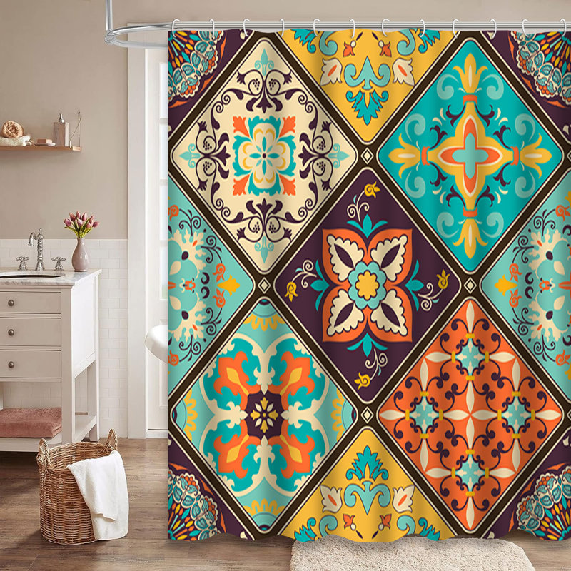 Turquoise Colorful Patchwork Tile Abstract Shower Curtain with 12 Hooks, L 84 po x l 72 po