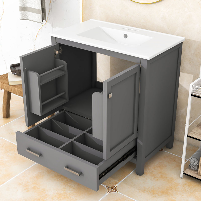 30-Inch Bathroom Vanity with Ceramic Sink, Soft Closing Door Cabinet and Storage Drawer, Grey
