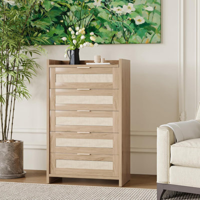 Beige Boho 5-Drawer Rattan Dresser – Spacious Wooden Storage Chest for Bedroom