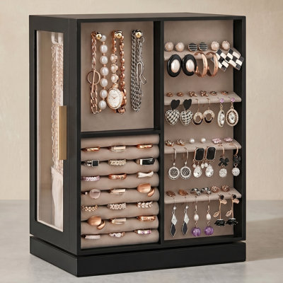 360° Rotating Jewelry Box - Vertical Jewelry Storage Case With 5 Drawers, Glass Window Organizer With Open Design, Spacious Jewelry Storage, Great Gift, Graphite Black