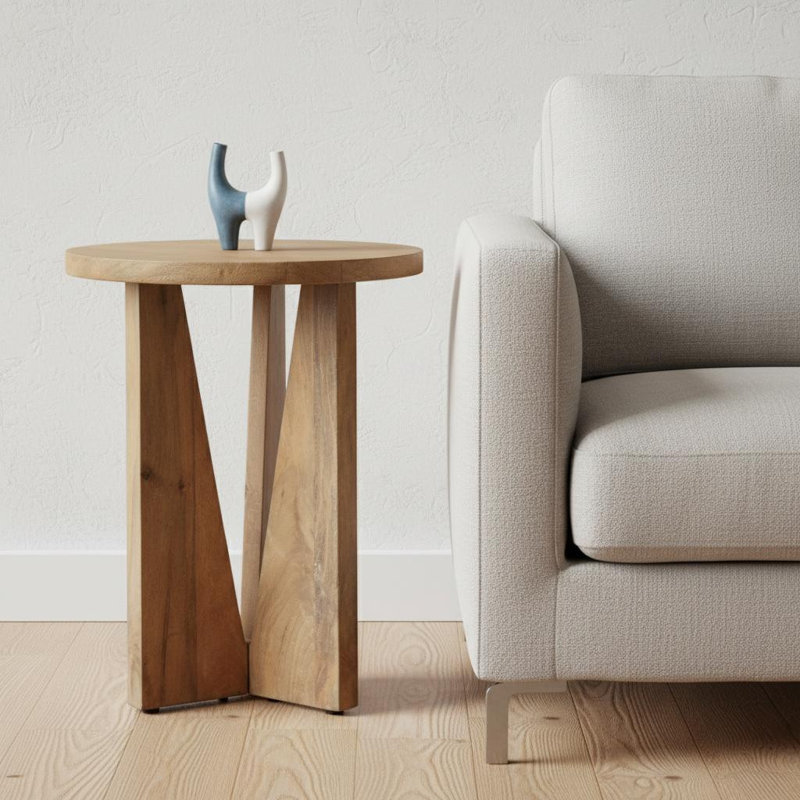 Table de bout ronde 22 "en bois massif naturel vieilli