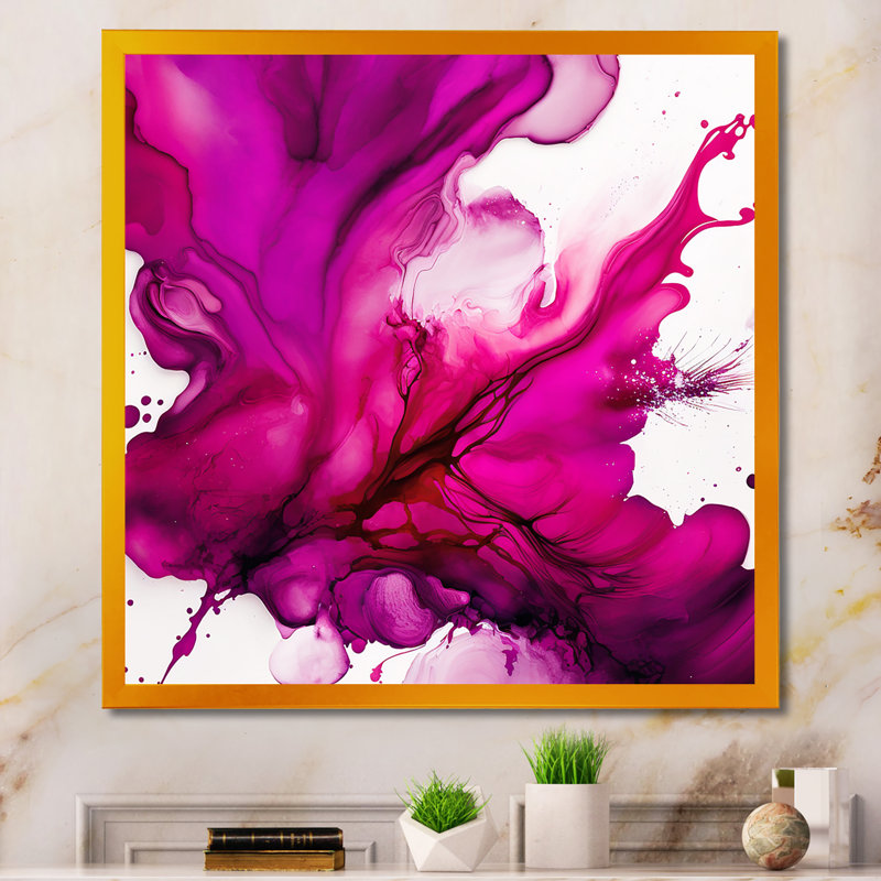 Ancien mystère in Viva Magenta II - Art abstrait à l'encre liquide, H 16 po x l 16 po, Toile avec cadre photo, Doré