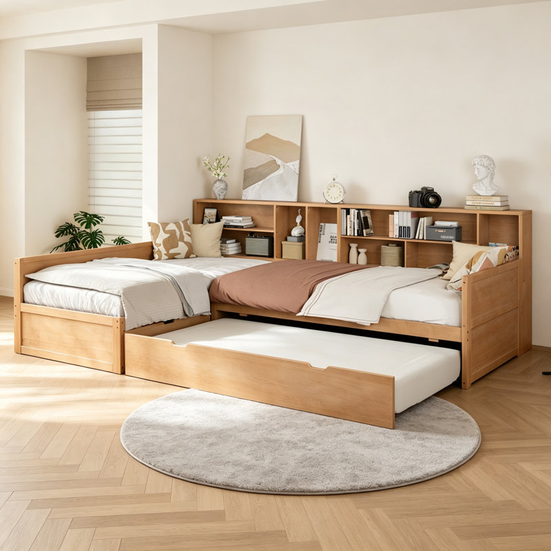 Lit de jour simple en L en forme de lit simple avec lit gigogne et tiroir de rangement, base de lit d'angle polyvalente avec bibliothèques pour 3 personnes