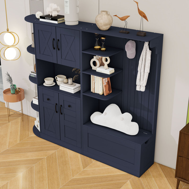 Armoire d'entrée avec tablettes et 4 crochets, Bleu antique