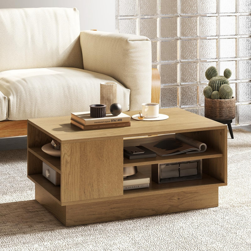 Pedestal Coffee Table with Storage, Natural Wood