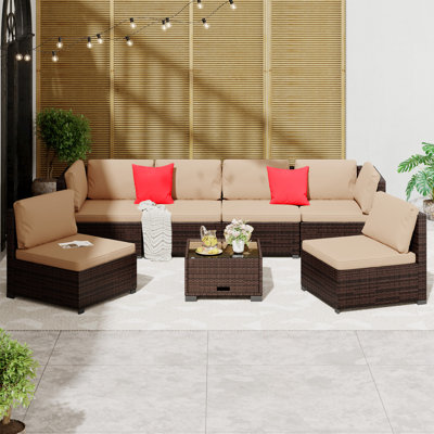 7-Piece Patio Conversation Set – PE Rattan Outdoor Sectional Sofa with Cushions & Glass Coffee Table