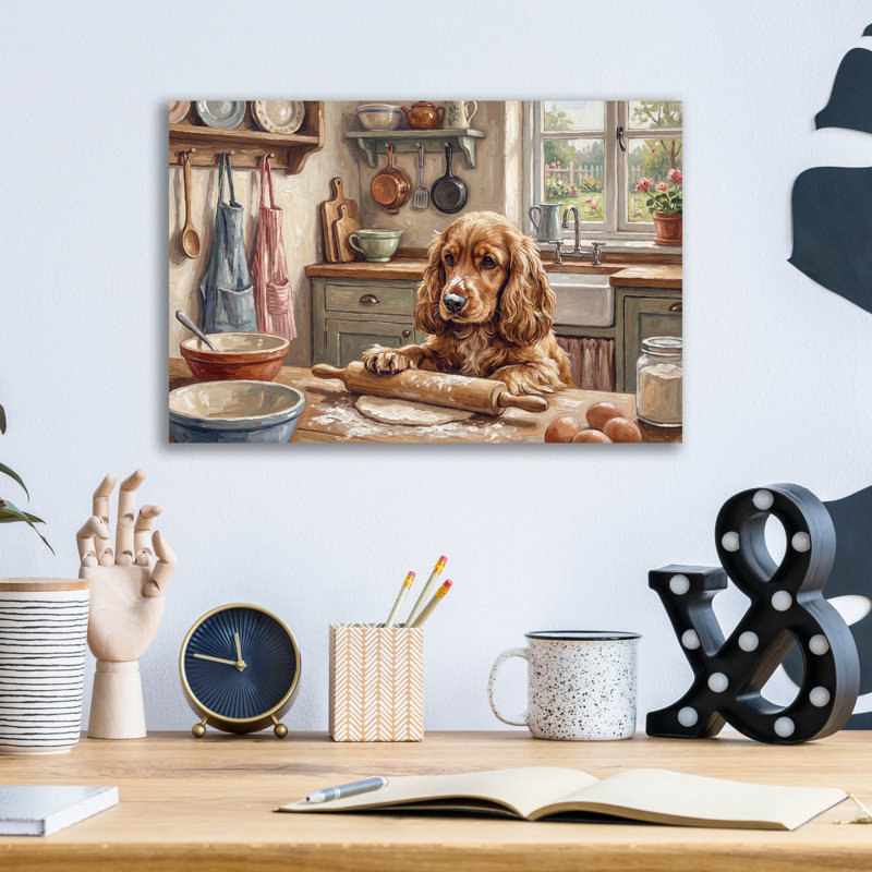 Art mural en verre acrylique épique «Cocker Spaniel In The Kitchen» par Rich Monet, 16 po x 12 po, H 12 po x l 16 po