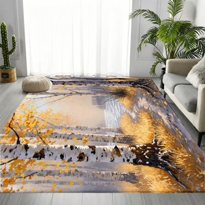 Tapis de paysage de forêt de bouleaux impressionniste, motif de feuilles naturelles, tapis doux antidérapant durable et lavable à la machine, décoration intérieure élégante pour salon, chambre à coucher, couloir, bureau, appartement