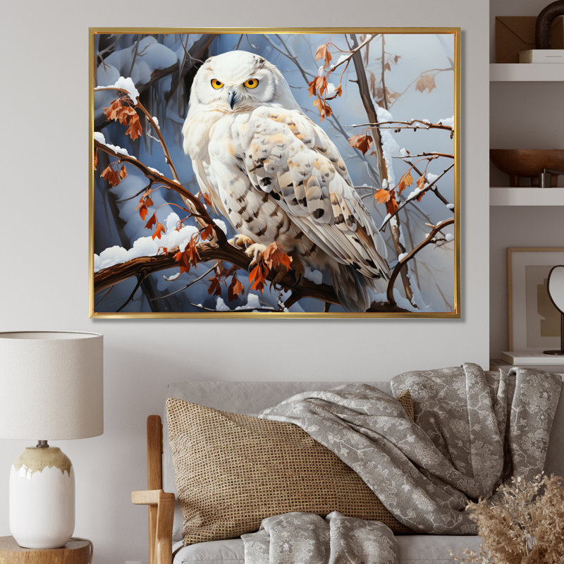 «Snowy Owl Winter I», reproduction sur toile, Cadre flottant doré, H 24 po x l 32 po x P 1 po