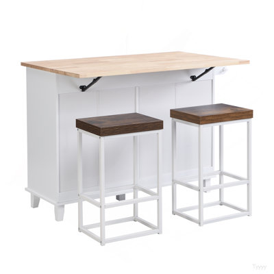 Farmhouse Kitchen Island Set With Drop Leaf And 2 Seatings,Dining Table Set With Storage Cabinet, Drawers And Towel Rack, White+Rustic Brown