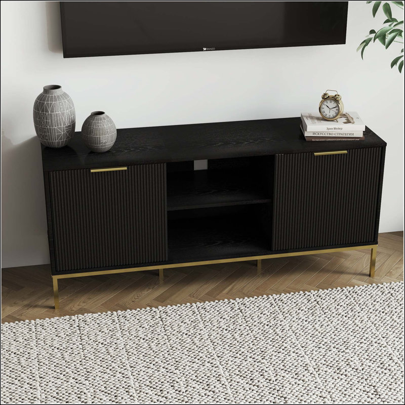 Modern TV Stand with Wave-Design Doors and Gold Legs, Black